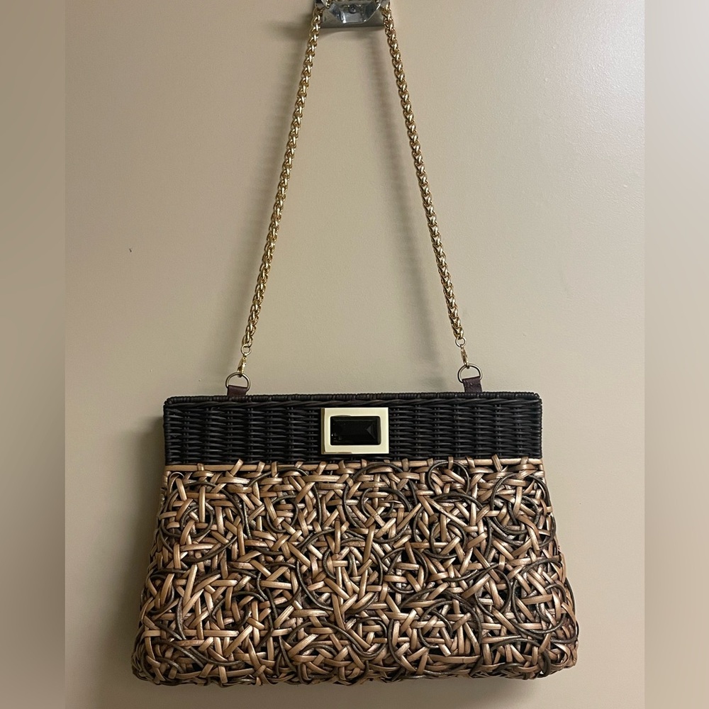 NWOT Kara Ross Designer Wicker Handbag With Gold Chain